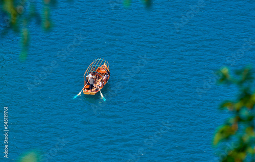 Aerial view on the boat on Bled lake, Slovenia