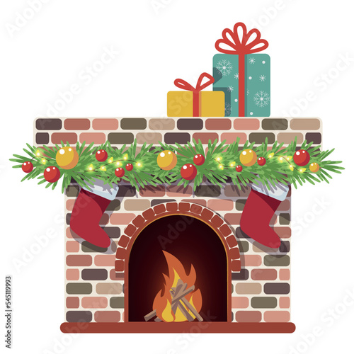 Brick fireplace decorated with fir branches and Christmas toys, glowing lanterns, gift boxes and burning fire. vector new year isolated illustration in cartoon style.