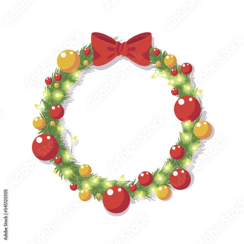 isolated vector illustration of christmas tree wreath with christmas balls, glowing garland and red bow in cartoon style. frame for text