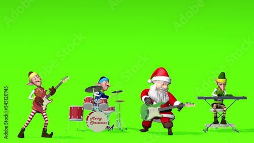 Funny Santa Claus and elfs play musical instruments on green screen. The concept of Christmas and New Year. Seamless Loop Christmas animation.