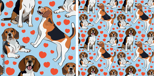 Pattern design with several Beagle dogs, funny doodles, and seamless pattern. T-shirt textile, wallpaper, wrapping paper, background graphic design with hearts on a blue background. Valentine's Day.