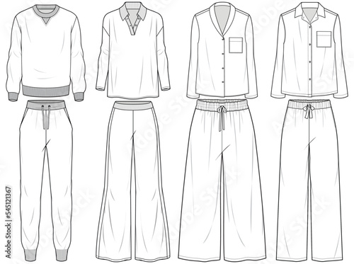 pyjama set flat sketch vector illustration mens loungewear shirt and pant technical cad drawing template photo