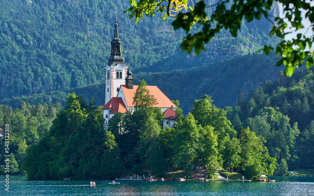 View on the island with the Church of the Assumption on Bled lake, Slovenia