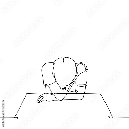 man lowered his head covering his face with his hand while sitting at the table - one line drawing vector. concept sobs, despair, depression, despondency, disappointment, suffering