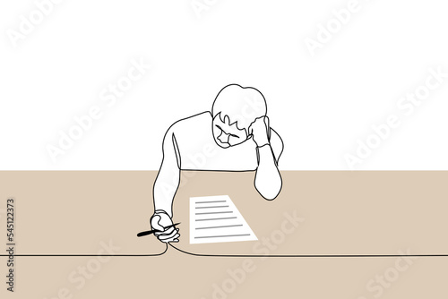 pensive student sits over a sheet of paper with a pen in his hand - one line drawing vector. concept of test task, exam