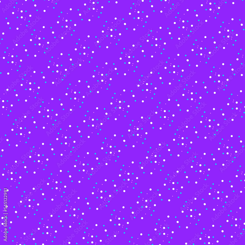 Delicate geometric pattern of white, blue and pink polka dots isolated on a lilac violet background