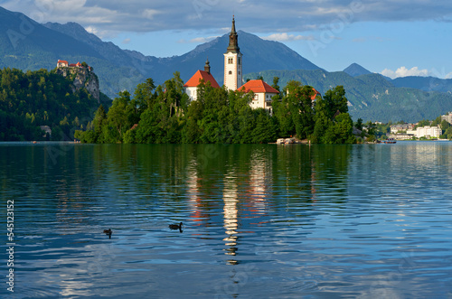 View on the island with the Church of the Assumption on Bled lake, Slovenia