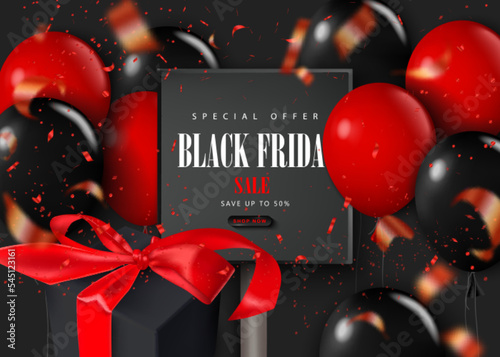 Black Friday sale background with balloons. Modern design.Universal vector background for posters, banners, leaflets, postcards.