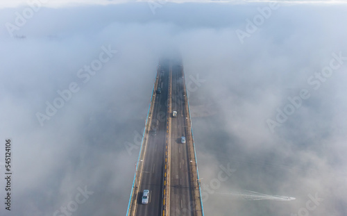 Aerial view of the Asparuhov bridge in the fog in the morning, Varna, Bulgaria photo