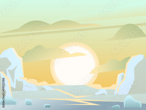 Arctic sunrise. Winter landscape. Harsh cold nature. Snow and ice frost. Cartoon fun style. Flat design. Vector