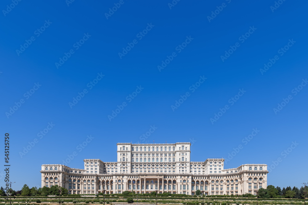 Panorama of impressive Palace of the Parliament (Republic's House) is seat of Parliament of Romania, located atop Dealul Spirii in Bucharest, national capital, is the heaviest building in the world