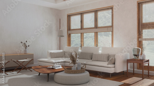 Modern living room in white and beige tones. Fabric sofa  wooden furniture and parquet floor. Japandi interior design