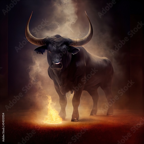 Gorgeous photorealistic black bull, Ai generated illustration
