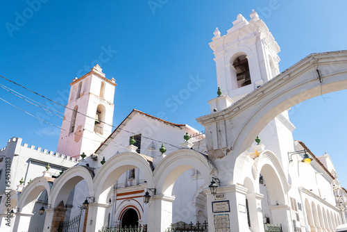 street view of sucre colonial town, bolivia