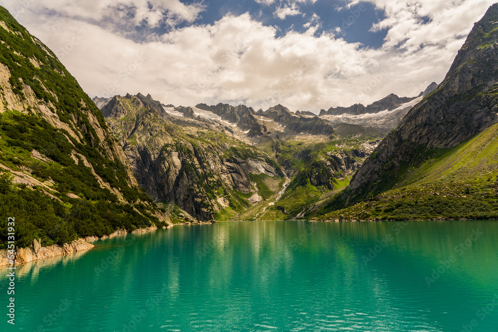 Panoramic view of the Gelmer reservoir in Switzerland.