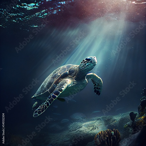 Sea turtle underwater, photorealistic illustration generated by Ai © Cheport