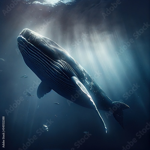 Stunning illustration of big whale swimming to the water surface, underwater view. Beautiful illustration generated by Ai