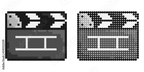 Pixel icon. Clapper board for shooting film in open position. Assistant director. Simple retro game vector isolated on white background
