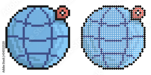Pixel icon. Globe with checkpoint mark. Navigation on map using GPS system. Simple retro game vector isolated on white background