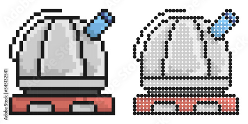 Pixel icon. Observatory. Station for observing space, stars and planets of solar system. Simple retro game vector isolated on white background