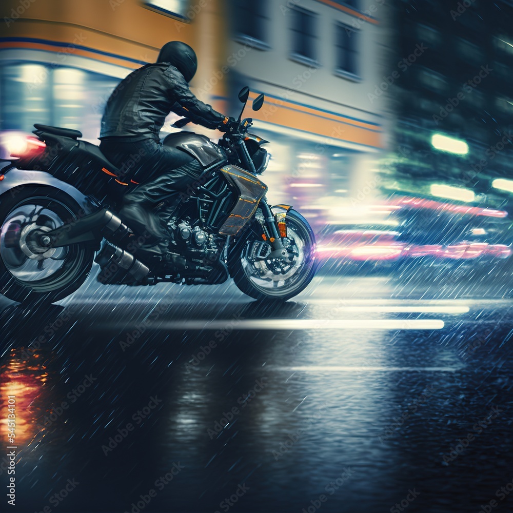 Biker riding on high speed at city street in the night under the rain. Photorealistic illustration generated by Ai