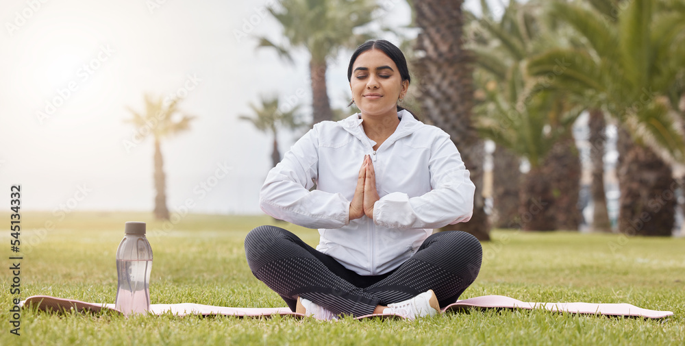 Fototapeta premium Fitness, meditation and yoga with woman in park for peace, zen and breathing exercise. Relax, energy and freedom with girl training on grass for health, wellness and spiritual summer lifestyle