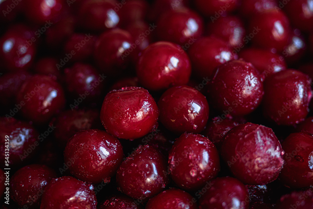 Frozen red cherry. Juicy ripe berry. View from top. Background full frame. Frozen red cherry. Juicy ripe berry. View from top. Background full frame.