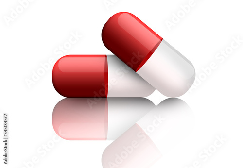 Two Red and white glossy shining pills illustration isolated on white backgrounnd