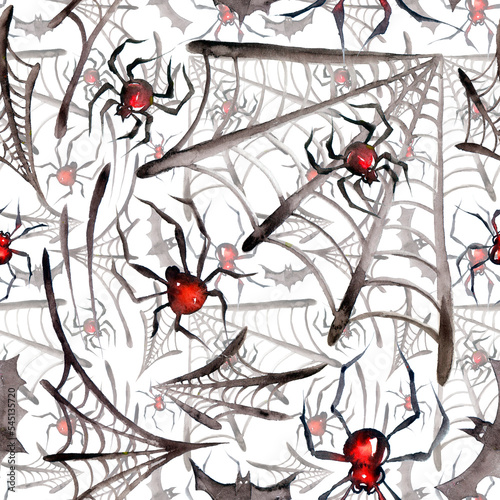 Watercolor seamless pattern with spider and web. Scary spiderweb Halloween illustration on white background