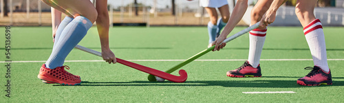 Cuadro en lienzo Fitness, sports and hockey with women on field and training for competition, challenge and workout