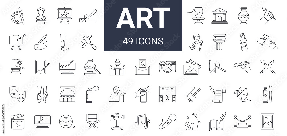 Set of 49 art and entertainment icons. Editable stroke