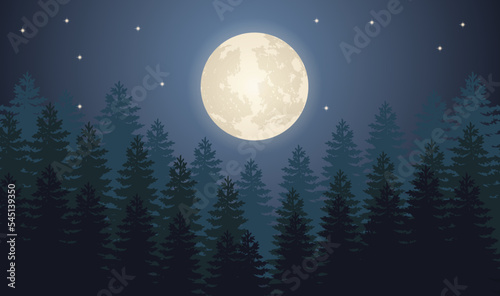 beautiful full moon with forest view. vector illustration background, landscape