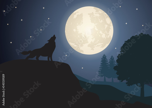 Wolf howling at full moon night design vector illustration