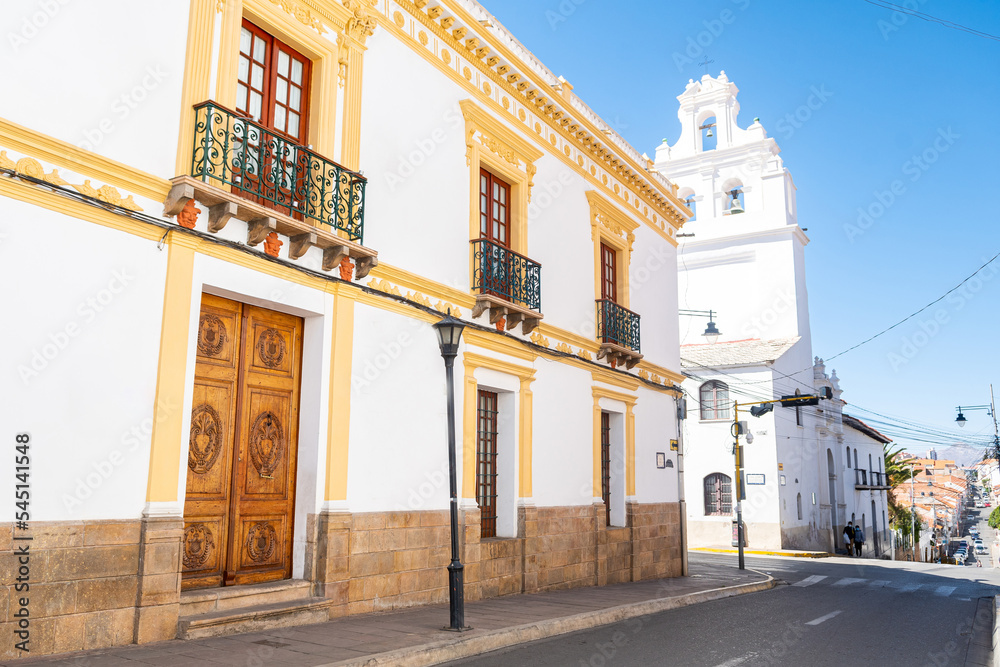 street view of sucre colonial town, bolivia