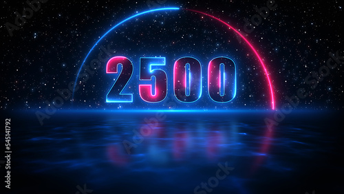 Futuristic Blue Red Shine Number 2500 In Half Circle Lines Neon Sign With Light Reflection On Blue Water Surface Starry Night Sky
