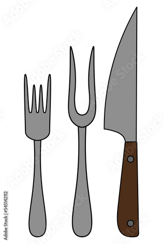 Cutlery. Kitchen knife, table fork, carving fork. Vector set of illustrations. Cartoon style. Collection of barbecue tools. Isolated background. Necessary items for serving a dinner table.