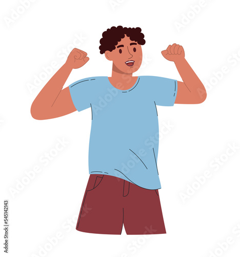 An attractive man rejoices hands up. Vector illustration flat style