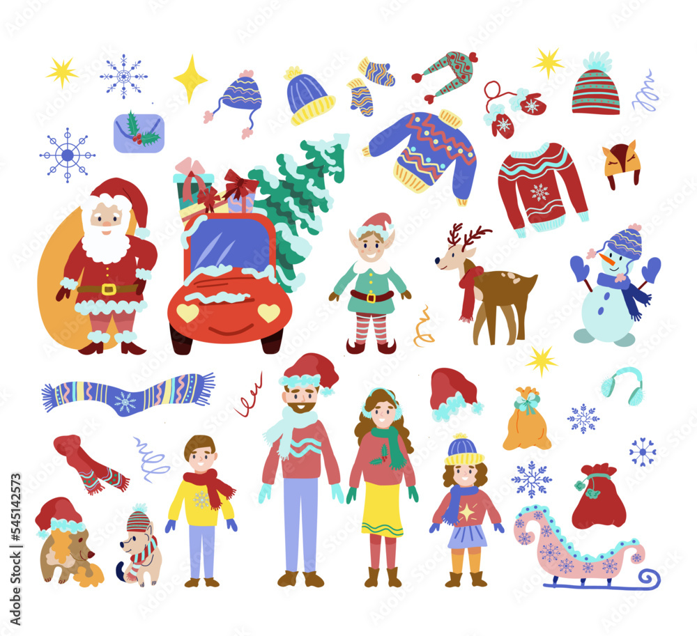 Cute Christmas set of vector Christmas elements for design and characters in a flat cartoon style isolated on a white background. Family, Santa Claus, snowman, elf, deer, dogs