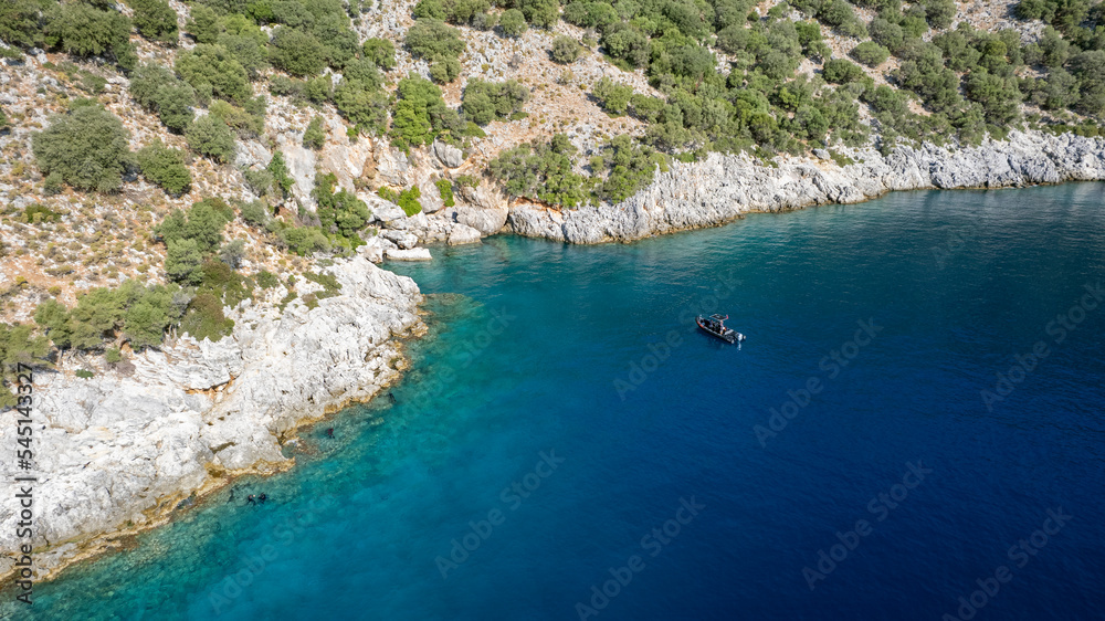 Aerial view Tersane Island coast, Göcek Fethiye Turkey