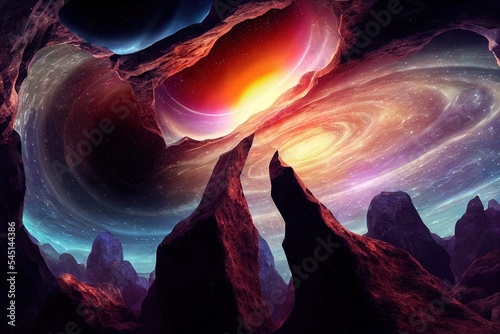Space cave, stones, tunnel and starry night Galatian sky, planets, nebula. Fantasy space landscape, rock hole. Neon space . photo