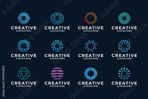 Set of Letter O logo design combine with dot, connection, molecule, connection concept.