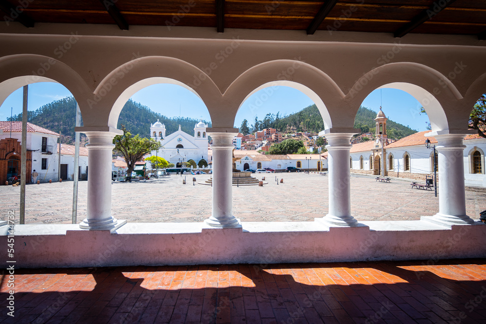 street view of sucre colonial town, bolivia