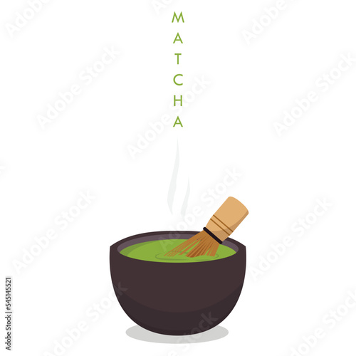 Matcha green tea . Traditional cup with Matcha tea. Colored trendy illustration. Logo design