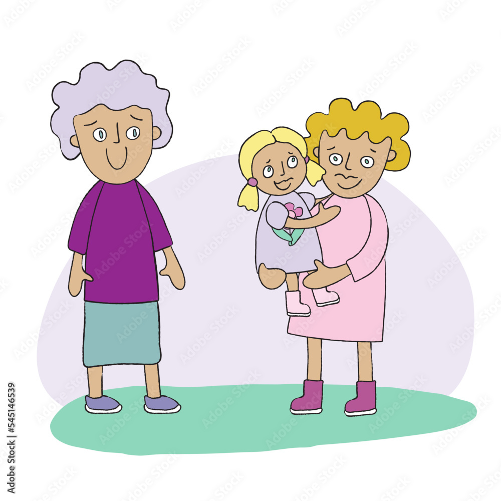 Mom holds her daughter in her arms. Grandma smiles. happy meeting Mom holds her daughter in her arms. Grandma smiles. happy meeting