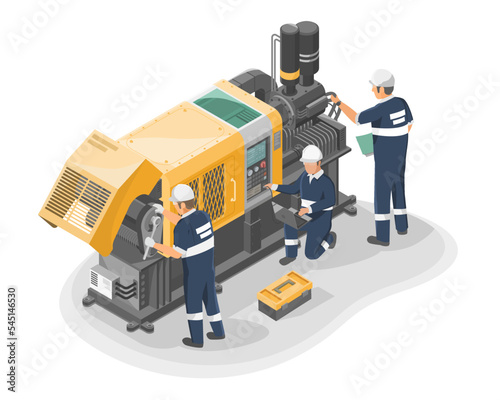 Engineer Maintenance failure machine isometric industrial employee worker fixing in factory element on white background isolated