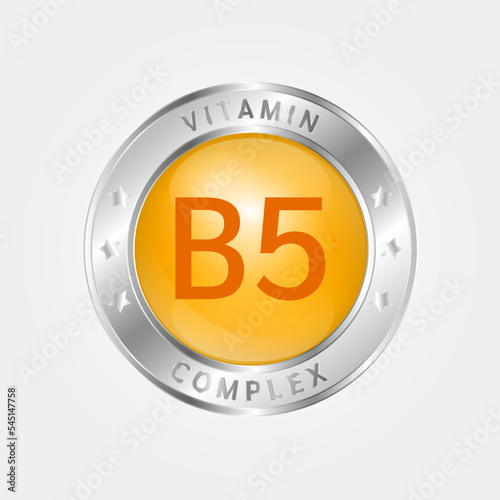 Icon structure vitamin B5 circle yellow, gold. silver border. Pill complex, collagen serum chemical formula. Beauty treatment nutrition skin care design, healthy. Medical, scientific. 3D Vector EPS10.