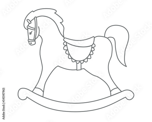 Kid Toy Rocking Horse sketch engraving vector illustration. Retro object for baby boy or girl game in vintage style. Black and white hand drawn drawing on isolated background for coloring book.