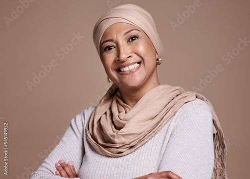 Photography Hijab, woman and smile portrait of an islamic model with beauty, skincare and skin wellness