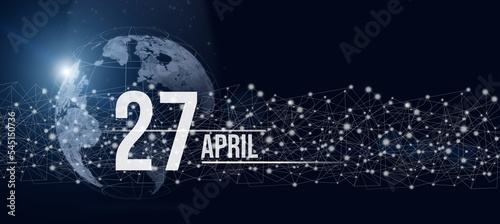 April 27th. Day 27 of month, Calendar date. Calendar day hologram of the planet earth in blue gradient style. Global futuristic communication network.  Spring month, day of the year concept.