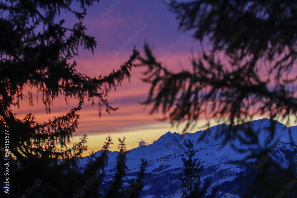 Winter Evening and Sunset in the French Alps